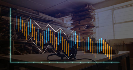 Featuring circular saw sitting on workbench in workshop, with planks, blinds, chart overlay. Craftsmanship, carpentry, industrial, construction, woodworking, technology, analysisの写真素材