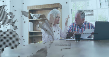 Gesturing woman and man reviewing documents in home office, with laptop papers mug, map overlay....