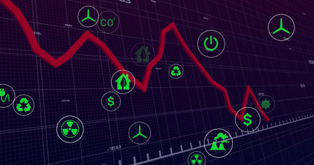 Displaying red fluctuating trend line graph moving across dashboard, with green eco-economic icons. Analytics, sustainability, digital, renewable, energy, environmental, dataの写真素材