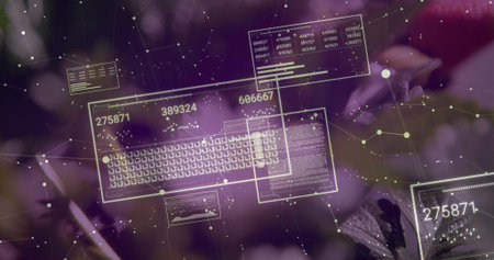 Displaying AR interface over purple floral backdrop with keyboard, numeric panels and network nodes....