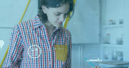 Mixing plaid shirt woman preparing batter in bowl in home kitchen, with stepladder, digital overlay. Cooking, culinary, home environment, lifestyle, casual, vibrant, domesticの写真素材