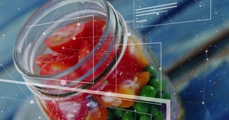 Showing glass jar holding multicolored candy pieces on blue tabletop with digital HUD overlays....