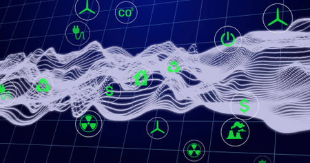 Displaying data flowing on dark blue digital grid with green icons showing energy and eco symbols....