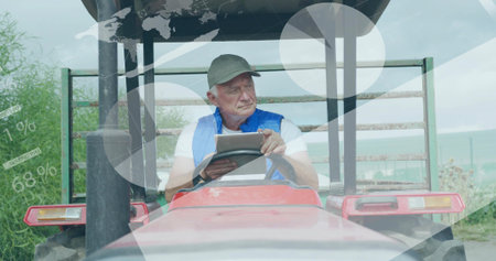 Senior farmer holding tablet and monitoring data overlays on red tractor at farm gate. Agriculture, modernization, technology, rural, innovation, productivity, landscapeの写真素材