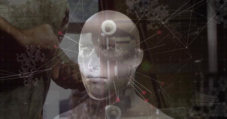 Male holding handheld scanner and pointing at holographic 3D head model in lab, with data nodes....