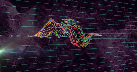 Displaying neon waveforms on digital screen with grid lines, numeric labels 43.344 and flare effect. Visualization, data, technology, futuristic, abstract, interface, scienceの写真素材
