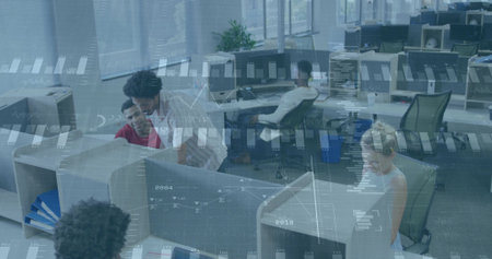 Leaning woman in white blouse pointing to computer screen at cubicle in open-plan office....