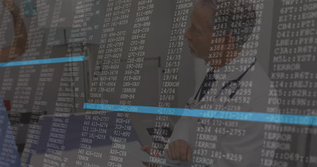 Analyzing error logs doctors viewing digital display in office with tablet, folder and stethoscopes....
