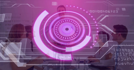 Female presenter gesturing toward projection screen in meeting room, with purple interface overlay. Collaboration, teamwork, innovation, modern, business, presentation, technologyの写真素材