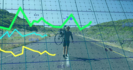 Walking cyclist carrying bicycle on shoulder along rural highway with grid overlay, colored graphs. Outdoors, adventure, fitness, transportation, scenic, analysis, terrainの写真素材
