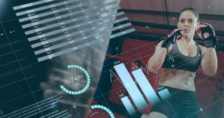 Throwing punch athlete wearing workout clothes training at gym, with gloves focus mitt AR overlays. Fitness, training, strength, innovation, determination, performance, technologyの写真素材