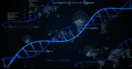 Displaying glowing blue DNA helix twisting in virtual data space, with code blocks and radar charts....