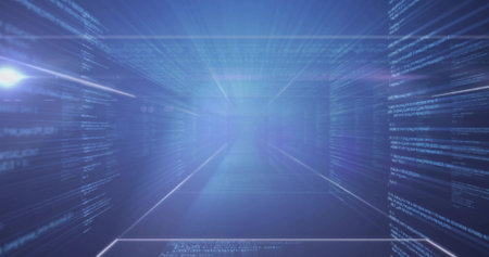 Extending data corridor through virtual matrix, with floating panels, code streams and grid lines. Futuristic, cyber, technology, digital, abstract, immersive, high-techの写真素材