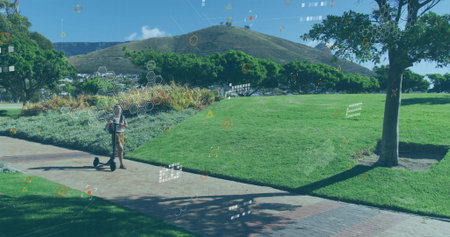 Standing male with backpack beside scooter exploring AR display in park holding phone, copy space....