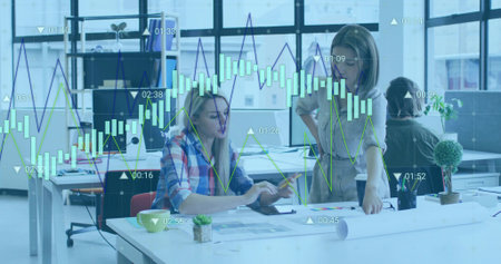 Collaborating coworkers discussing architectural blueprints at desk in modern office, with tablet. Collaboration, teamwork, urban office, modern workspace, creative process, productivity, business environmentの写真素材