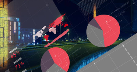 Displaying pie chart hovering over nighttime runway lights, with 45% 71% world map, copy space. Data...
