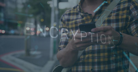 Man scanning smartphone, smartwatch, bag strap, encryption overlay on city sidewalk, copy space. Urban, technology, connectivity, security, digital, modern, mobilityの写真素材