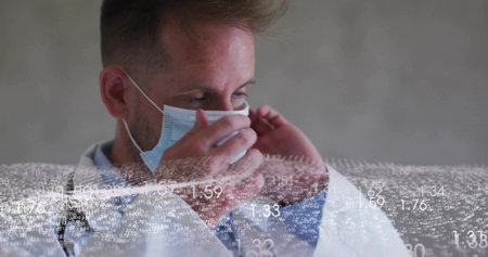 Adjusting doctor in white lab coat securing surgical mask in clinic with data overlay. Medical...