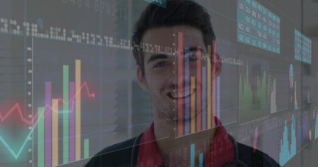 Data analyst wearing blazer, red shirt viewing charts and dashboards in office, with data overlays....