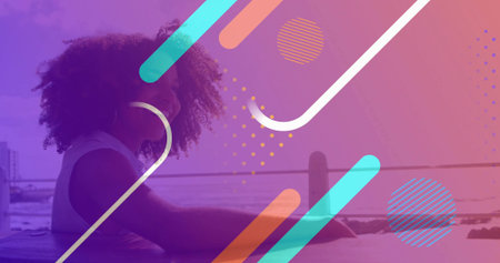 Leaning woman wearing white top gazing at bay on waterfront railing with shape overlays, copy space. Scenic, contemporary, vibrant, contemplative, minimalist, outdoor, artisticの写真素材