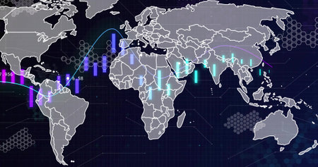 Displaying global map with bar charts, flow lines and hex grid on data dashboard. Futuristic,...
