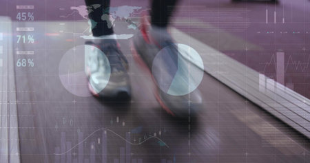 Moving feet wearing shorts and red sneakers on treadmill belt and frame, with digital data overlays. Athletic, performance, technology, training, movement, vitality, dataの写真素材
