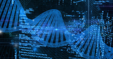 Displaying stylized 3D wireframe DNA helix floating over grid lines, with code and data overlays....