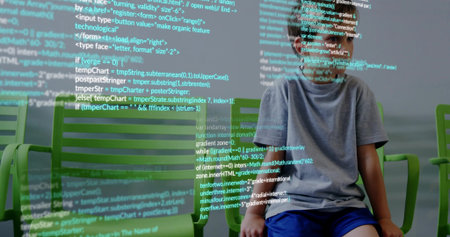 Sitting boy on green chairs in waiting room, with computer code projected across body, copy space. Youth, education, technology, digital, innovation, learning, futurismの写真素材