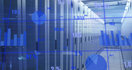 Operating server racks displaying blue data graphics in data center corridor, with LED indicators....