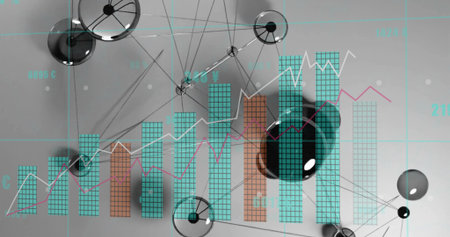 Bar chart showing white-magenta line graphs in data dashboard, with network nodes and connectors....