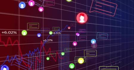 Red avatar moving across grid on dashboard, with chat bubbles, trend lines, % labels, copy space. Technology, data, analytics, visualization, digital, neon, dashboardの写真素材
