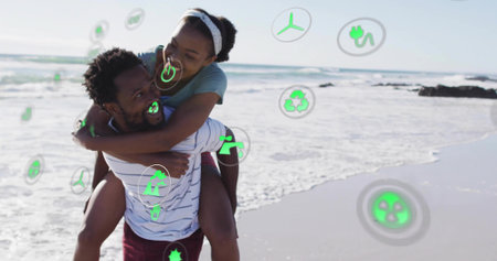 Carrying couple wrapping arms on sandy beach by ocean. Romance, nature, outdoor, eco-friendly,...
