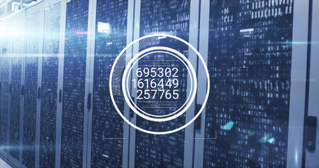 Displaying server cabinets showing network modules in data center corridor, with circular overlay....