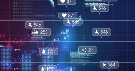 Displaying social media icons and red, blue fluctuating graphs on dashboard, with percentage labels....