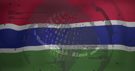 Displaying digital globe hovering over Gambian flag, with floating binary code and Chain Block text. National flag, digital technology, globe, data visualization, blockchain, cybersecurity, innovationの写真素材