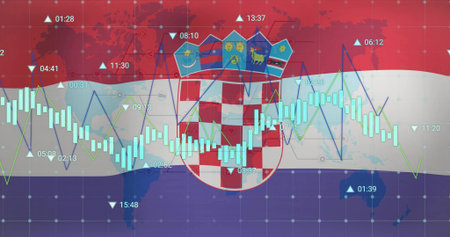 Displaying Croatia coat of arms merging with market data on digital display, with candlestick bars. Finance, data visualization, dashboard, analytics, economy, investment, digitalの写真素材