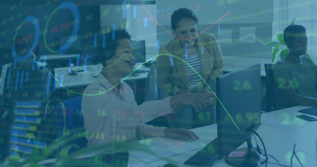 Pointing at monitors with headsets, four women collaborating in office, with overlaid market charts....