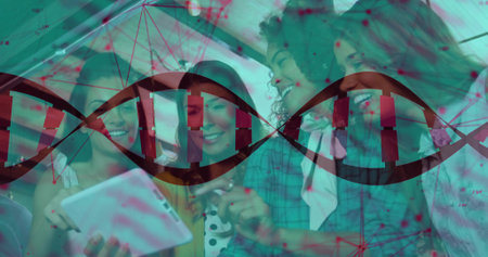 Collaborating scientists in work attire leaning over tablet in modern lab, with DNA network overlay. Biotechnology, teamwork, innovation, research, digital, connectivity, scientificの写真素材