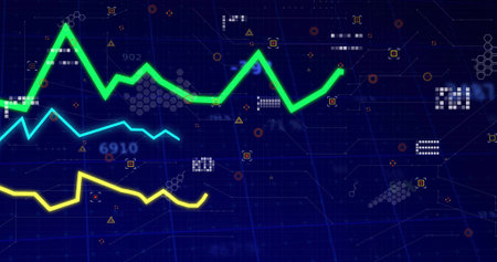 Presenting neon green jagged line chart on virtual dashboard, with hexagon clusters and data nodes....