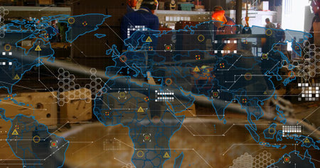 Collaborating technicians in safety gear examining holographic overlay at plant bench, copy space. Manufacturing, logistics, industrial, technology, teamwork, digital, workflowの写真素材