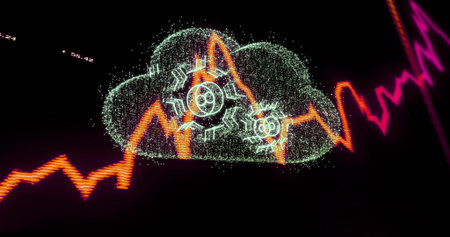 Displaying cloud icon with gear symbols, orange-magenta data lines and numerical labels on black UI....