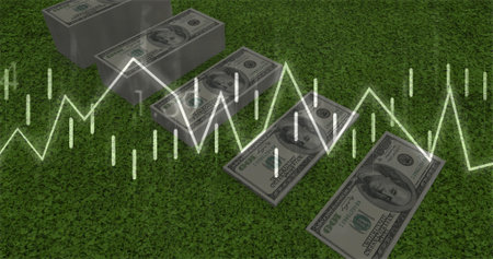 Displaying five US$100 stacks on green grass turf, with translucent line graph and bar segments. Finance, investment, financial growth, data analysis, economic, prosperity, businessの写真素材
