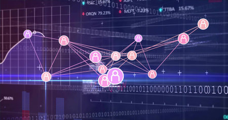 Displaying network graph of pink user icons interconnecting on data dashboard, with binary overlay....