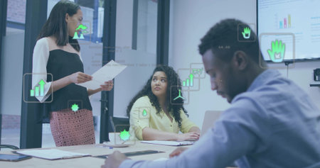 Businesswoman presenting printed documents as colleagues take notes in conference room with laptop. Corporate, teamwork, innovation, collaboration, modern, professional, leadershipの写真素材