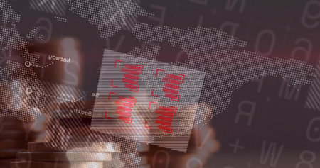 Moving suit hand placing white king on chessboard, with world map, alphanumeric code and red blocks. Strategy, intellect, analytics, innovation, decision-making, leadershipの写真素材