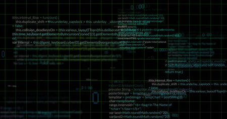 Displaying clusters of programming code lines over grid on monitor, with glitch effect bars....