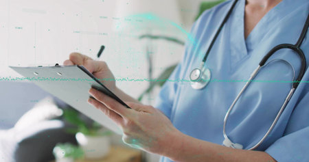 writing nurse in scrubs with stethoscope using clipboard pen in clinic, data overlay, copy space....