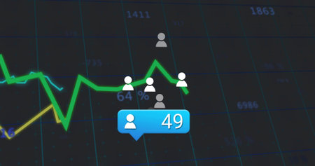 Displaying blue notification bubble marking 49 users on analytics dashboard, with green line graph. Data visualization, dashboard, digital interface, user analytics, performance metrics, technology, interface designの写真素材