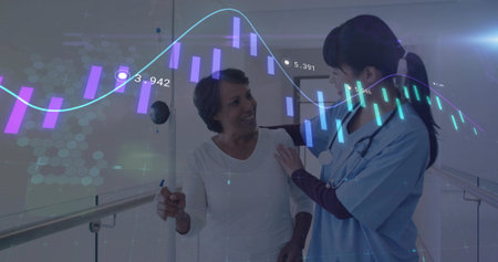 Supporting patient on parallel bars in corridor, nurse wearing scrubs. Rehabilitation, healthcare, physiotherapy, progress, wellness, assistance, modernの写真素材