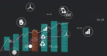 Displaying data visualization on dark dashboard, with teal and orange bars, lines, and eco icons. Analytics, sustainability, infographics, eco-tech, data trends, digital interface, environmentalの写真素材